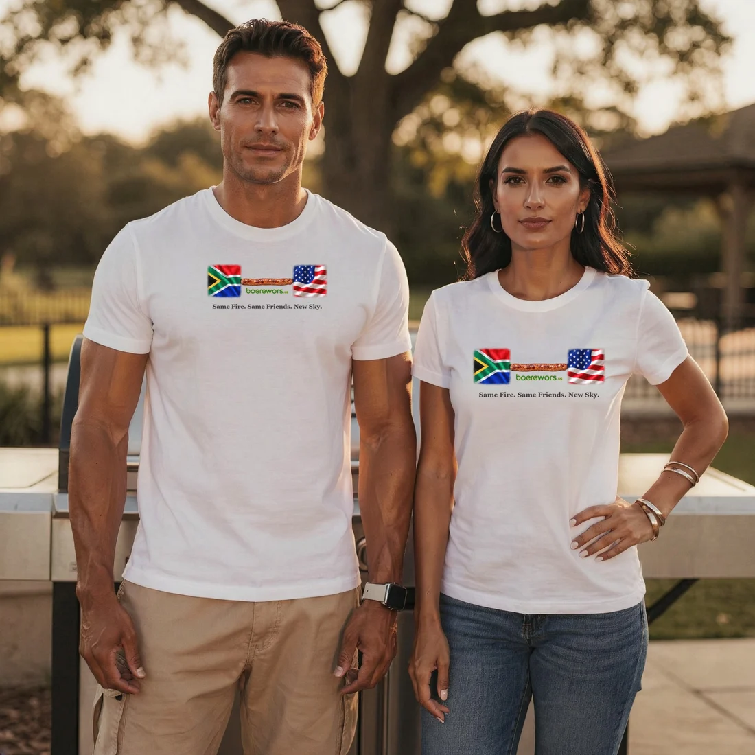 A man and a woman at a backyard braai, both wearing white T-shirts printed with the South African flag and the American flag joined by a single boerewors, and the words: Same Fire. Same Friends. New Sky.