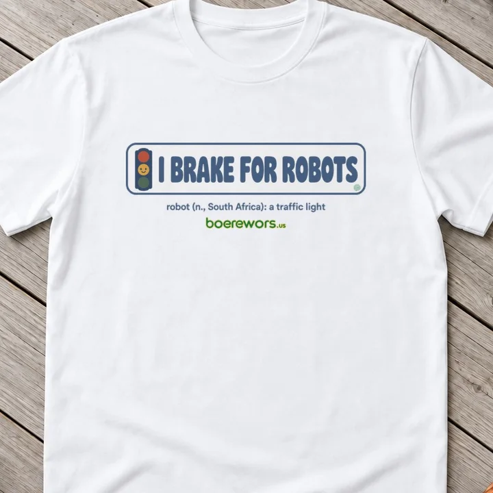 White tee printed with bumper-sticker design with a smiling traffic light: I Brake for Robots.