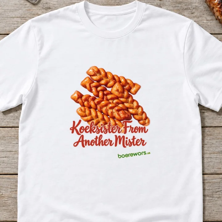 White tee printed with a pile of golden plaited koeksisters above the words: Koeksister From Another Mister.