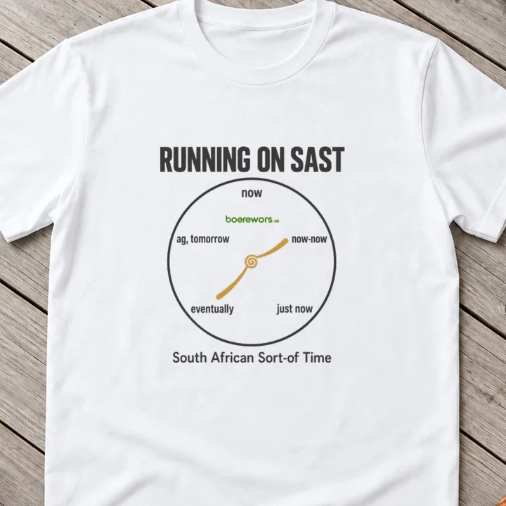 White tee printed with a clock reading now, now-now, just now, eventually and ag, tomorrow: Running on SAST.