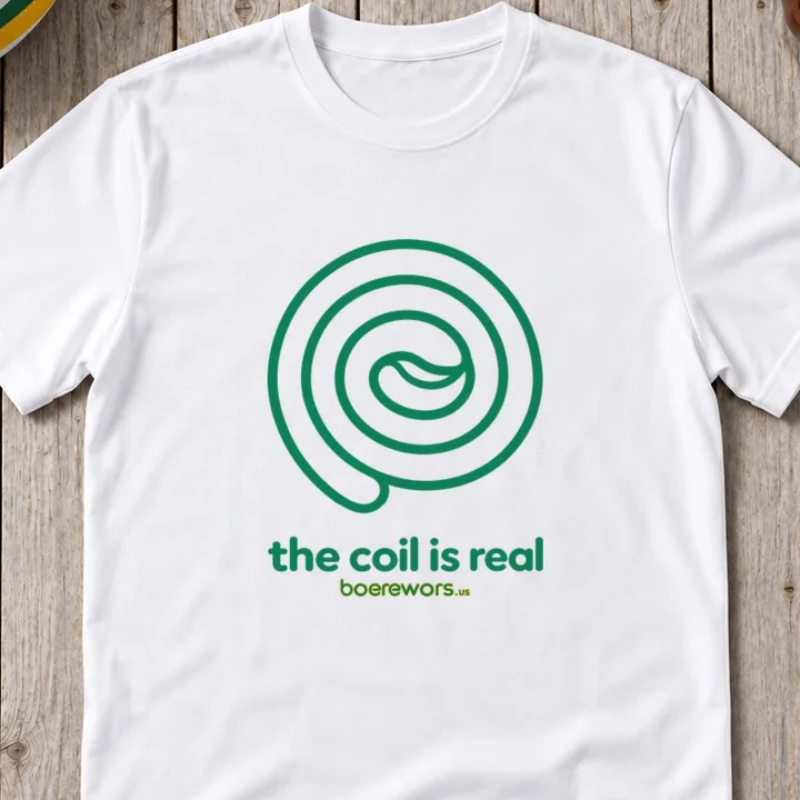 White tee printed with the boerewors.us coil icon: the coil is real.