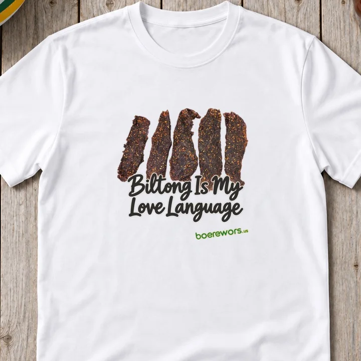 White tee printed with five strips of spiced biltong above the words: Biltong Is My Love Language.
