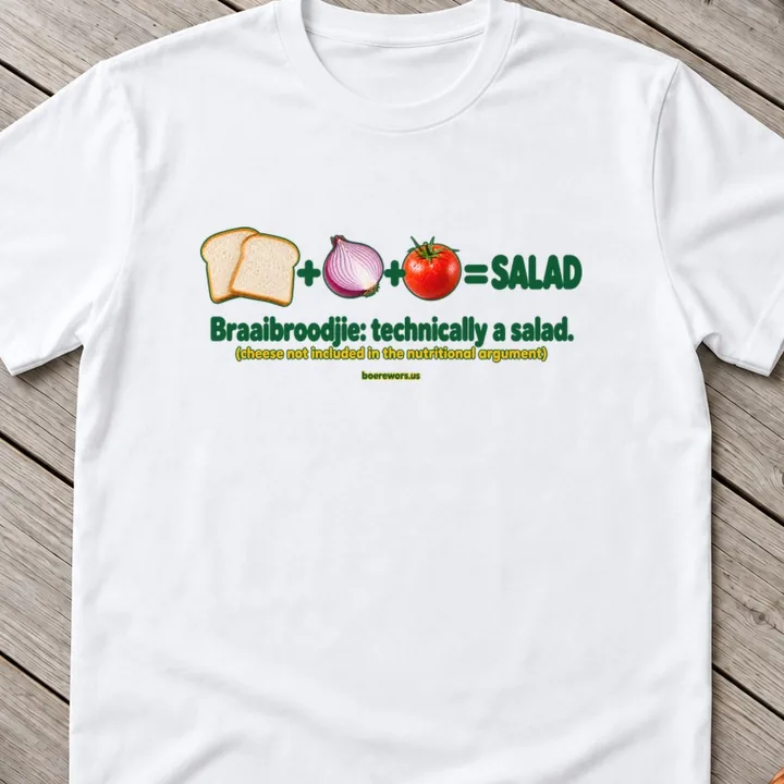 White tee printed with a picture sum: bread plus red onion plus tomato equals salad. Braaibroodjie: technically a salad.